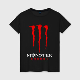 Женская футболка хлопок с принтом MONSTER ENERGY в Рязани, 100% хлопок | прямой крой, круглый вырез горловины, длина до линии бедер, слегка спущенное плечо | black monster | bmx | claw | cybersport | energy | monster | monster energy | moto | motocross | race | sport | киберспорт | когти | монстер энерджи | монстр | мото | мотокросс | ралли | скейтбординг | спорт | т | энергия