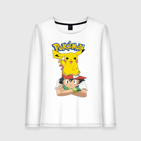 Женский лонгслив хлопок с принтом Pokemon в Рязани, 100% хлопок |  | anime | pikachu | pokemon | pokemon logo | аниме | анимэ | пика | пикачу | покемон | покемон лого | покемон постер | эш и пикачу | эш кетчум | японский