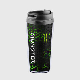 Термокружка-непроливайка с принтом MONSTER ENERGY  в Рязани, внутренняя часть — пищевой пластик, наружная часть — прозрачный пластик, между ними — полиграфическая вставка с рисунком | объем — 350 мл, герметичная крышка | black monster | bmx | claw | cybersport | energy | monster | monster energy | moto | motocross | race | sport | киберспорт | когти | монстер энерджи | монстр | мото | мотокросс | ралли | скейтбординг | спорт | т | энергия