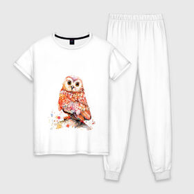 Женская пижама хлопок с принтом Совушка в Рязани, 100% хлопок | брюки и футболка прямого кроя, без карманов, на брюках мягкая резинка на поясе и по низу штанин | арт | весна | животные | картинка | краски | рисунок | сова | яркий