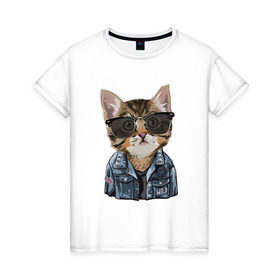 Женская футболка хлопок с принтом Кот в очках в Рязани, 100% хлопок | прямой крой, круглый вырез горловины, длина до линии бедер, слегка спущенное плечо | cat | в очках | кот | кот рокер | котик | котяра | кошка | крутой кот | милый | милый кот | рокер