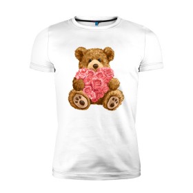 Мужская футболка премиум с принтом Плюшевый медведь с сердечком в Рязани, 92% хлопок, 8% лайкра | приталенный силуэт, круглый вырез ворота, длина до линии бедра, короткий рукав | арт | животные | картинка | медвежонок | мишка | плюшевый медведь | рисунок | розовые цветы | розочки | розы | сердечко | сердце | сердце из роз | цветы