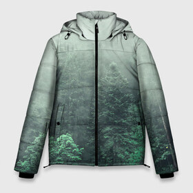 Мужская зимняя куртка 3D с принтом Туманный лес в Рязани, верх — 100% полиэстер; подкладка — 100% полиэстер; утеплитель — 100% полиэстер | длина ниже бедра, свободный силуэт Оверсайз. Есть воротник-стойка, отстегивающийся капюшон и ветрозащитная планка. 

Боковые карманы с листочкой на кнопках и внутренний карман на молнии. | Тематика изображения на принте: дерево | деревья | зеленый | лес | облака | облако | снег | темный