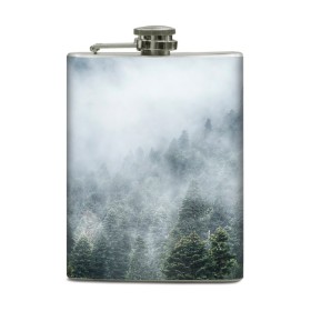 Фляга с принтом Туманный лес в Рязани, металлический корпус | емкость 0,22 л, размер 125 х 94 мм. Виниловая наклейка запечатывается полностью | Тематика изображения на принте: белый | зеленый | лес | облака | облако | природа | темный | туман