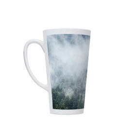 Кружка Латте с принтом Туманный лес в Рязани, Белая керамика | Объем 480 мл; Высота 150 мм; Диаметр 90 мм | Тематика изображения на принте: белый | зеленый | лес | облака | облако | природа | темный | туман