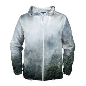 Мужская ветровка 3D с принтом Туманный лес в Рязани, 100% полиэстер | подол и капюшон оформлены резинкой с фиксаторами, два кармана без застежек по бокам, один потайной карман на груди | белый | зеленый | лес | облака | облако | природа | темный | туман