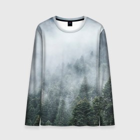 Мужской лонгслив 3D с принтом Туманный лес в Рязани, 100% полиэстер | длинные рукава, круглый вырез горловины, полуприлегающий силуэт | Тематика изображения на принте: белый | зеленый | лес | облака | облако | природа | темный | туман