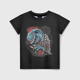 Детская футболка 3D с принтом Dino Punk в Рязани, 100% гипоаллергенный полиэфир | прямой крой, круглый вырез горловины, длина до линии бедер, чуть спущенное плечо, ткань немного тянется | art | dinosaur | mohawk | moon | punk | арт | динозавр | животные | ирокез | картинка | луна | панк | рисунок