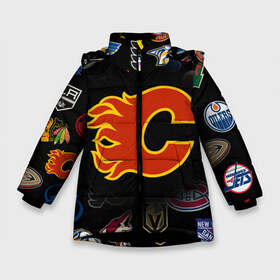 Зимняя куртка для девочек 3D с принтом Calgary Flames (Z) в Рязани, ткань верха — 100% полиэстер; подклад — 100% полиэстер, утеплитель — 100% полиэстер. | длина ниже бедра, удлиненная спинка, воротник стойка и отстегивающийся капюшон. Есть боковые карманы с листочкой на кнопках, утяжки по низу изделия и внутренний карман на молнии. 

Предусмотрены светоотражающий принт на спинке, радужный светоотражающий элемент на пуллере молнии и на резинке для утяжки. | anaheim ducks | arizona coyotes | boston bruins | buffalo sabres | calgary flames | canadiens de montreal | carolina hurricanes | chicago blackhawks | colorado avalanche | columbus blue jackets | dallas stars | detroit red wings | edmonton oil | hockey | 