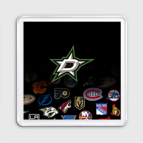 Магнит 55*55 с принтом NHL Dallas Stars (Z) в Рязани, Пластик | Размер: 65*65 мм; Размер печати: 55*55 мм | anaheim ducks | arizona coyotes | boston bruins | buffalo sabres | calgary flames | carolina hurricanes | chicago blackhawks | colorado | dallas stars | hockey | nhl | нхл | паттерн | спорт | хоккей