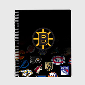 Тетрадь с принтом NHL Boston Bruins (Z) в Рязани, 100% бумага | 48 листов, плотность листов — 60 г/м2, плотность картонной обложки — 250 г/м2. Листы скреплены сбоку удобной пружинной спиралью. Уголки страниц и обложки скругленные. Цвет линий — светло-серый
 | anaheim ducks | arizona coyotes | boston bruins | buffalo sabres | calgary flames | canadiens de montreal | carolina hurricanes | chicago blackhawks | colorado | hockey | nhl | нхл | паттерн | спорт | хоккей