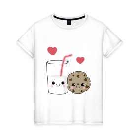 Женская футболка хлопок с принтом Milk and Cookies Love в Рязани, 100% хлопок | прямой крой, круглый вырез горловины, длина до линии бедер, слегка спущенное плечо | Тематика изображения на принте: coockie | friend | minimalism | дружба | любовь | минимализм | молоко | печенье | печенька | печеньки