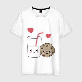 Мужская футболка хлопок с принтом Milk and Cookies Love в Рязани, 100% хлопок | прямой крой, круглый вырез горловины, длина до линии бедер, слегка спущенное плечо. | Тематика изображения на принте: coockie | friend | minimalism | дружба | любовь | минимализм | молоко | печенье | печенька | печеньки