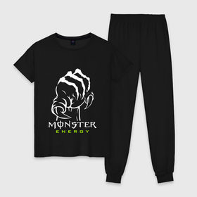 Женская пижама хлопок с принтом MONSTER ENERGY (Z) в Рязани, 100% хлопок | брюки и футболка прямого кроя, без карманов, на брюках мягкая резинка на поясе и по низу штанин | black monster | bmx | claw | cybersport | energy | monster | monster energy | moto | motocross | race | sport | киберспорт | когти | монстер энерджи | монстр | мото | мотокросс | ралли | скейтбординг | спорт | т | энергия