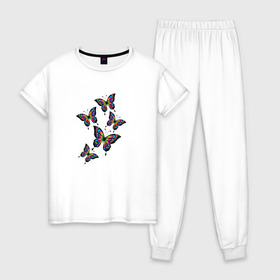 Женская пижама хлопок с принтом Радужные бабочки в Рязани, 100% хлопок | брюки и футболка прямого кроя, без карманов, на брюках мягкая резинка на поясе и по низу штанин | ангел | бабочка | бабочки | весна | девочкам | девушке | крылья | лето | любовь | милый | насекомые | нежный | неоновый | подарок | природа | радужный | романтика | солнечный | цветочки