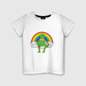 Детская футболка хлопок с принтом Лягушонок Кермит в Рязани, 100% хлопок | круглый вырез горловины, полуприлегающий силуэт, длина до линии бедер | rainbow | герой | животные | зелёный | кермит | лягушка | мультик | мультфильм | персонаж | радуга | улица сезам | цветной