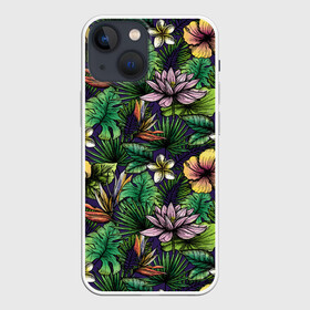 Чехол для iPhone 13 mini с принтом Летние цветы в Рязани,  |  | summer | джунгли | краски | летняя | лето | листы | листья | надпись | настроение | отдых | отпуск | пальмы | пляжная | позитив | стиль | тропики | тропическая | цветочки | цветы | яркая