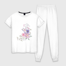 Женская пижама хлопок с принтом Акварельный цветы в Рязани, 100% хлопок | брюки и футболка прямого кроя, без карманов, на брюках мягкая резинка на поясе и по низу штанин | акварель | арт | зеленый | лето | полевые цветы | рисунок | розовый | синий | фиолетовый | цветы