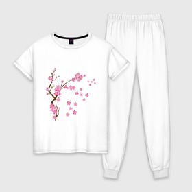 Женская пижама хлопок с принтом Розовая сакура в Рязани, 100% хлопок | брюки и футболка прямого кроя, без карманов, на брюках мягкая резинка на поясе и по низу штанин | лето | розовый | сакура | цветение | цветы