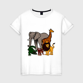 Женская футболка хлопок с принтом Африка в Рязани, 100% хлопок | прямой крой, круглый вырез горловины, длина до линии бедер, слегка спущенное плечо | африка | детские | животные | жираф | звери | зоопарк | картинки | крокодил | лев | мультфильмы | обезьяна | прикольные | природа | слон
