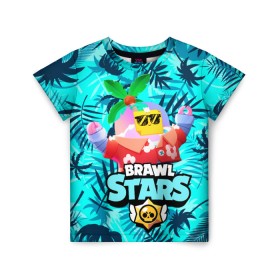 Детская футболка 3D с принтом BRAWL STARS TROPICAL SPROUT. в Рязани, 100% гипоаллергенный полиэфир | прямой крой, круглый вырез горловины, длина до линии бедер, чуть спущенное плечо, ткань немного тянется | brawl stars | crow | gale | leon | leon shark | max | mr.p | sally leon | shark | sprout | tara | tropical sprout | virus 8 bit | werewolf leon | акула | берли | бравл старс | ворон | макс | оборотень