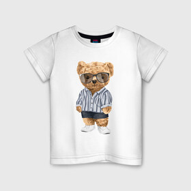 Детская футболка хлопок с принтом Модный плюшевый медведь в Рязани, 100% хлопок | круглый вырез горловины, полуприлегающий силуэт, длина до линии бедер | арт | животные | игрушка | картинка | крутой медведь | медведь | медвежонок | мишка | мода | модный медведь | плюшевый | плюшевый медведь | рисунок