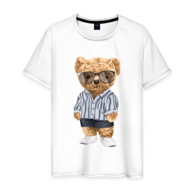 Мужская футболка хлопок с принтом Модный плюшевый медведь в Рязани, 100% хлопок | прямой крой, круглый вырез горловины, длина до линии бедер, слегка спущенное плечо. | арт | животные | игрушка | картинка | крутой медведь | медведь | медвежонок | мишка | мода | модный медведь | плюшевый | плюшевый медведь | рисунок
