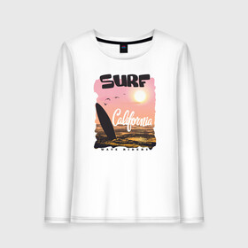 Женский лонгслив хлопок с принтом Surf California в Рязани, 100% хлопок |  | america | california | skate | summer | surf | travel | usa | америка | доска | калифорния | лето | надпись | отдых | отпуск | сёрф | сёрфинг | скейт | сша | узор | узоры | шрифт