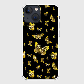 Чехол для iPhone 13 mini с принтом Golden Butterfly pattern в Рязани,  |  | black | pattern | summer | wings | ангел | бабочка | бабочки | блестки | блестящий | девушке | желтые | животные | звери | золото | золотые | крылья | летать | летний | лето | мотылек | насекомое | ночные | паттерн