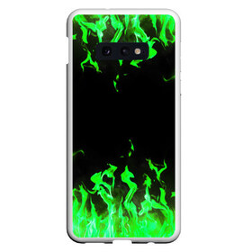 Чехол для Samsung S10E с принтом GREEN FIRE ОГОНЬ в Рязани, Силикон | Область печати: задняя сторона чехла, без боковых панелей | abstraction | bright | fire | geometry | hexagon | light | neon | paints | stripes | texture | triangle | абстракция | брызги | геометрия | искры | краски | неон | неоновый | огонь | соты | текстура