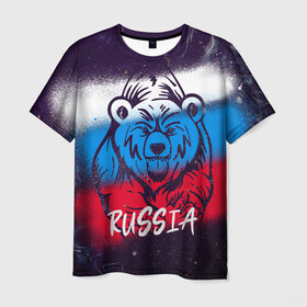 Мужская футболка 3D с принтом Russia Bear в Рязани, 100% полиэфир | прямой крой, круглый вырез горловины, длина до линии бедер | 12 июня | bear | marble | russia | грозный медведь | день россии | медведь | мишка | мрамор | мраморная | праздник | россия | страна | триколор | флаг