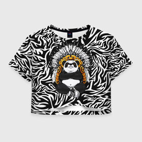 Женская футболка Crop-top 3D с принтом Мудрая Панда в Рязани, 100% полиэстер | круглая горловина, длина футболки до линии талии, рукава с отворотами | brand | kung fu | moda | panda | style | texture | бренд | кунг фу | кунгфу | мода | панденыш | панды | прикольные картинки | смайлы | стикербук | стиль | текстура | фон | эмодзи