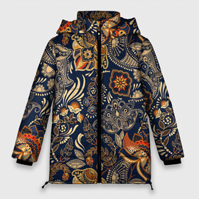 Женская зимняя куртка 3D с принтом Узор орнамент цветы этно в Рязани, верх — 100% полиэстер; подкладка — 100% полиэстер; утеплитель — 100% полиэстер | длина ниже бедра, силуэт Оверсайз. Есть воротник-стойка, отстегивающийся капюшон и ветрозащитная планка. 

Боковые карманы с листочкой на кнопках и внутренний карман на молнии | ботаника | винтаж | золото | лето | национальный стиль | природа | ретро | традиционный | узор | хиппи | цветы | черный фон | этно