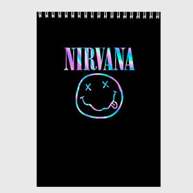 Скетчбук с принтом Nirvana(Спина) в Рязани, 100% бумага
 | 48 листов, плотность листов — 100 г/м2, плотность картонной обложки — 250 г/м2. Листы скреплены сверху удобной пружинной спиралью | nirvana | гитара | голограмма | кобейн | курт | курт кобейн | музыка | неон | нирвана | рок | смайл