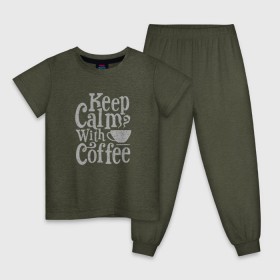 Детская пижама хлопок с принтом Keep calm with coffee в Рязани, 100% хлопок |  брюки и футболка прямого кроя, без карманов, на брюках мягкая резинка на поясе и по низу штанин
 | Тематика изображения на принте: coffee | keep calm | ароматный | бодрящий | горячий | кофе | кофеек | кофейная | кофеман | кофи | крепкие | крепкий | нервы | с кофе | с утра | сохраняй спокойствие | успокаивает | утренний | утро | чашка