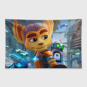 Флаг-баннер с принтом Ratchet & Clank Rift Apart в Рязани, 100% полиэстер | размер 67 х 109 см, плотность ткани — 95 г/м2; по краям флага есть четыре люверса для крепления | ratchet  clank rift apart | игра | персонаж | рисунок