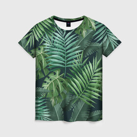 Женская футболка 3D с принтом Тропики  в Рязани, 100% полиэфир ( синтетическое хлопкоподобное полотно) | прямой крой, круглый вырез горловины, длина до линии бедер | summer | банановая | банановые | джунгли | зелень | краски | летняя | лето | листики | листы | листья | надпись | настроение | отдых | отпуск | пальма | пальмовые | пальмы | папоротник | пляжная | позитив