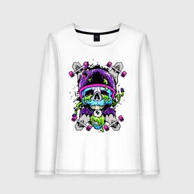 Женский лонгслив хлопок с принтом Crazy skull в Рязани, 100% хлопок |  | bat | eye | grin | helmet | jaw | orbits | skateboard | skull | teeth | wings | глаз | глазницы | зубы | крылья | летучая мышь | оскал | пасть | скейтборд | череп | шлем