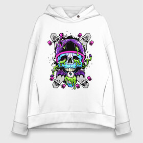 Женское худи Oversize хлопок с принтом Crazy skull в Рязани, френч-терри — 70% хлопок, 30% полиэстер. Мягкий теплый начес внутри —100% хлопок | боковые карманы, эластичные манжеты и нижняя кромка, капюшон на магнитной кнопке | bat | eye | grin | helmet | jaw | orbits | skateboard | skull | teeth | wings | глаз | глазницы | зубы | крылья | летучая мышь | оскал | пасть | скейтборд | череп | шлем