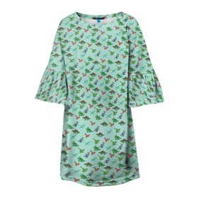 Детское платье 3D с принтом dinosaurs green в Рязани, 100% полиэстер | прямой силуэт, чуть расширенный к низу. Круглая горловина, на рукавах — воланы | Тематика изображения на принте: dinosaurs green | динозавр | пиксельный динозавр | пиксельный рисунок