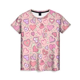 Женская футболка 3D с принтом Сердечки разные в Рязани, 100% полиэфир ( синтетическое хлопкоподобное полотно) | прямой крой, круглый вырез горловины, длина до линии бедер | blue | flower | flowers | love | love is | loves | pink | rose | бабочка | бабочки | голубая | девочке | девушке | красивая | мода | парню | подарок | приятная | роза | розовая | сердечки | сердце | текстура | тренд | цветок