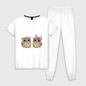 Женская пижама хлопок с принтом Совушки в Рязани, 100% хлопок | брюки и футболка прямого кроя, без карманов, на брюках мягкая резинка на поясе и по низу штанин | бантик | совушки | совы
