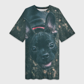 Платье-футболка 3D с принтом Бульдог морда собакена черного в Рязани,  |  | бульдог | гав | глаза | любимец | любителю животных | ошейник | пес | песель | песик | питомец | псина | псинка | собака | собакен | собачка | собачник | уши | черный | язык