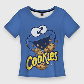 Женская футболка 3D Slim с принтом Cookies в Рязани,  |  | cookie | cookiemonster | delicious | eat | monster | yummy | еда | коржик | куки | кукимонстр | монстр | печенье | сезам | сладости | улица | улицасезам