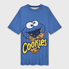 Платье-футболка 3D с принтом Cookies в Рязани,  |  | cookie | cookiemonster | delicious | eat | monster | yummy | еда | коржик | куки | кукимонстр | монстр | печенье | сезам | сладости | улица | улицасезам