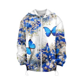 Детская куртка 3D с принтом Butterfly | Blue White в Рязани, 100% полиэстер | застежка — молния, подол и капюшон оформлены резинкой с фиксаторами, по бокам — два кармана без застежек, один потайной карман на груди, плотность верхнего слоя — 90 г/м2; плотность флисового подклада — 260 г/м2 | Тематика изображения на принте: butterfly | earth | flowers | forest | neon | бабочки | весенняя | весна | зелень | земля | зима | зимняя | искусство | краски | лес | летняя | лето | море | неон | океан | осенняя | природа | приятная | растения | рестение