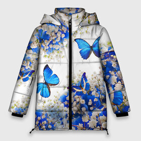 Женская зимняя куртка 3D с принтом Butterfly Blue White в Рязани, верх — 100% полиэстер; подкладка — 100% полиэстер; утеплитель — 100% полиэстер | длина ниже бедра, силуэт Оверсайз. Есть воротник-стойка, отстегивающийся капюшон и ветрозащитная планка. 

Боковые карманы с листочкой на кнопках и внутренний карман на молнии | Тематика изображения на принте: butterfly | earth | flowers | forest | neon | бабочки | весенняя | весна | зелень | земля | зима | зимняя | искусство | краски | лес | летняя | лето | море | неон | океан | осенняя | природа | приятная | растения | рестение