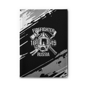 Обложка для автодокументов с принтом FIREFIGHTER 1649 RUSSIA в Рязани, натуральная кожа |  размер 19,9*13 см; внутри 4 больших “конверта” для документов и один маленький отдел — туда идеально встанут права | 112 | 27 декабря | firefighter | багор | белая | герб | гкчс | знак | лого | логотип | маска | мчс | мчсник | пожарная охрана | пожарник | пожарный | пч | россии | рф | серая | символ | служба | состаренная