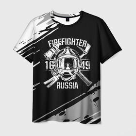 Мужская футболка 3D с принтом FIREFIGHTER 1649 RUSSIA в Рязани, 100% полиэфир | прямой крой, круглый вырез горловины, длина до линии бедер | 112 | 27 декабря | firefighter | багор | белая | герб | гкчс | знак | лого | логотип | маска | мчс | мчсник | пожарная охрана | пожарник | пожарный | пч | россии | рф | серая | символ | служба | состаренная