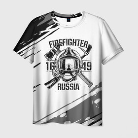 Мужская футболка 3D с принтом FIREFIGHTER 1649 RUSSIA в Рязани, 100% полиэфир | прямой крой, круглый вырез горловины, длина до линии бедер | Тематика изображения на принте: 112 | 27 декабря | firefighter | багор | белая | герб | гкчс | знак | лого | логотип | маска | мчс | мчсник | пожарная охрана | пожарник | пожарный | пч | россии | рф | серая | символ | служба | состаренная